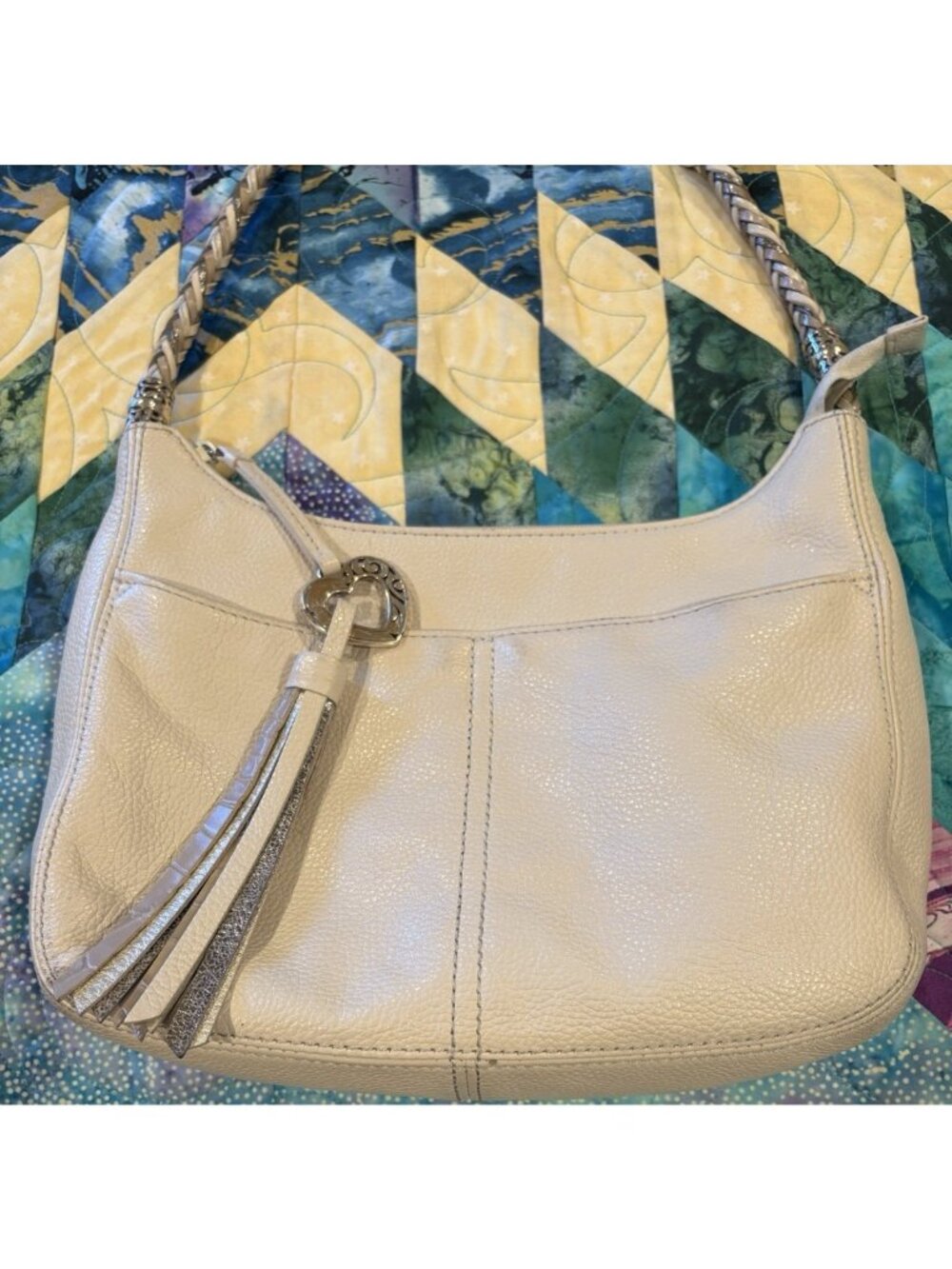Brighton Barbados Purse Bag Beige Pebbled Braided Genuine Leather Top Zip Hobo - Picture 2 of 15